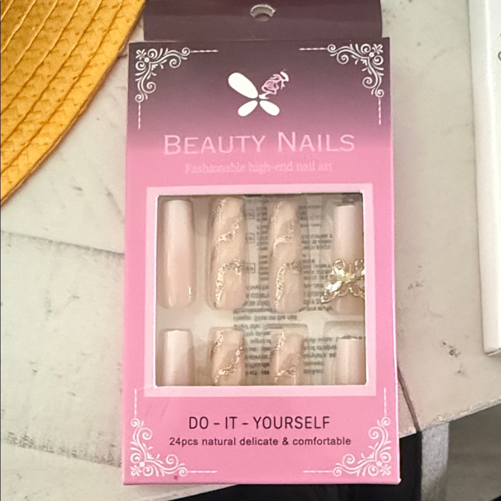 Nude beige gold glitter butterfly nail long set